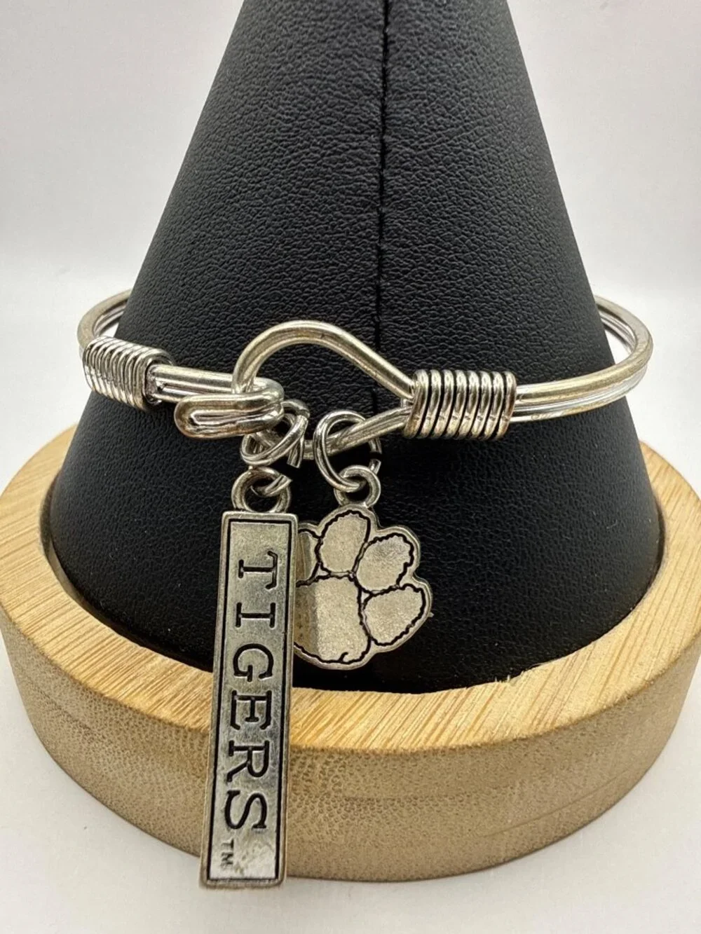 Silver Wire Bangle Bracelet Tigers Mascot Paw Print Charm Fan Spirit Jewelry